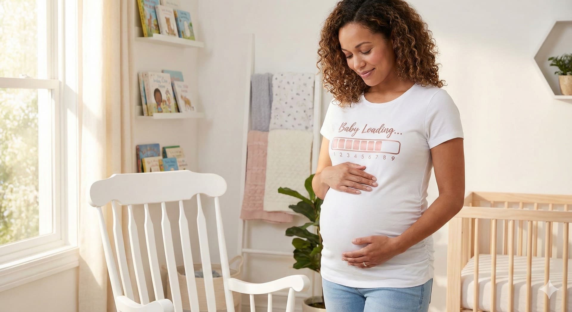 Schwangere Frau trägt BumpGlow Rose Gold Umstandsshirt bei der Vorbereitung des Kinderzimmers
